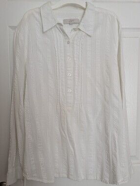 LOFT Cream Textured Half-Button Collared Blouse